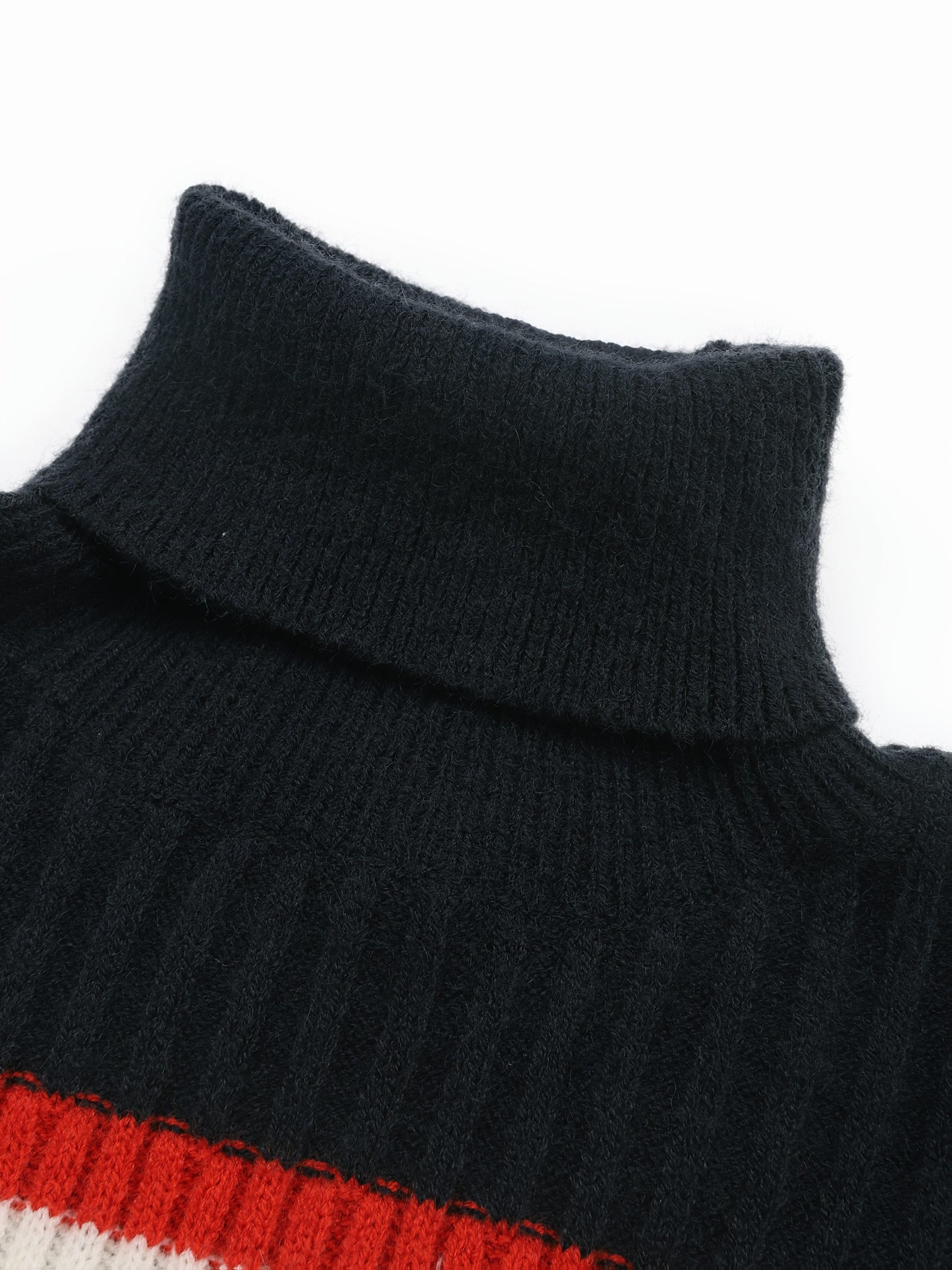 Damen Rollkragen Strickkleid mit Streifenmuster Langarm Figurbetont Dunkelblau Rot Weiß