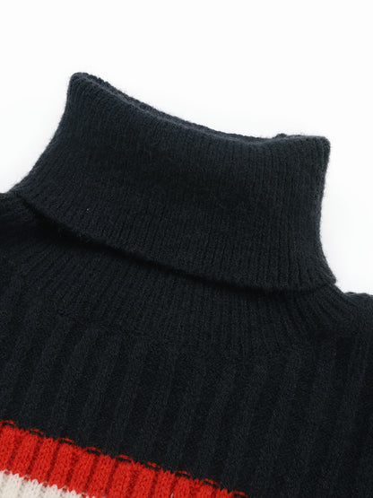 Damen Rollkragen Strickkleid mit Streifenmuster Langarm Figurbetont Dunkelblau Rot Weiß