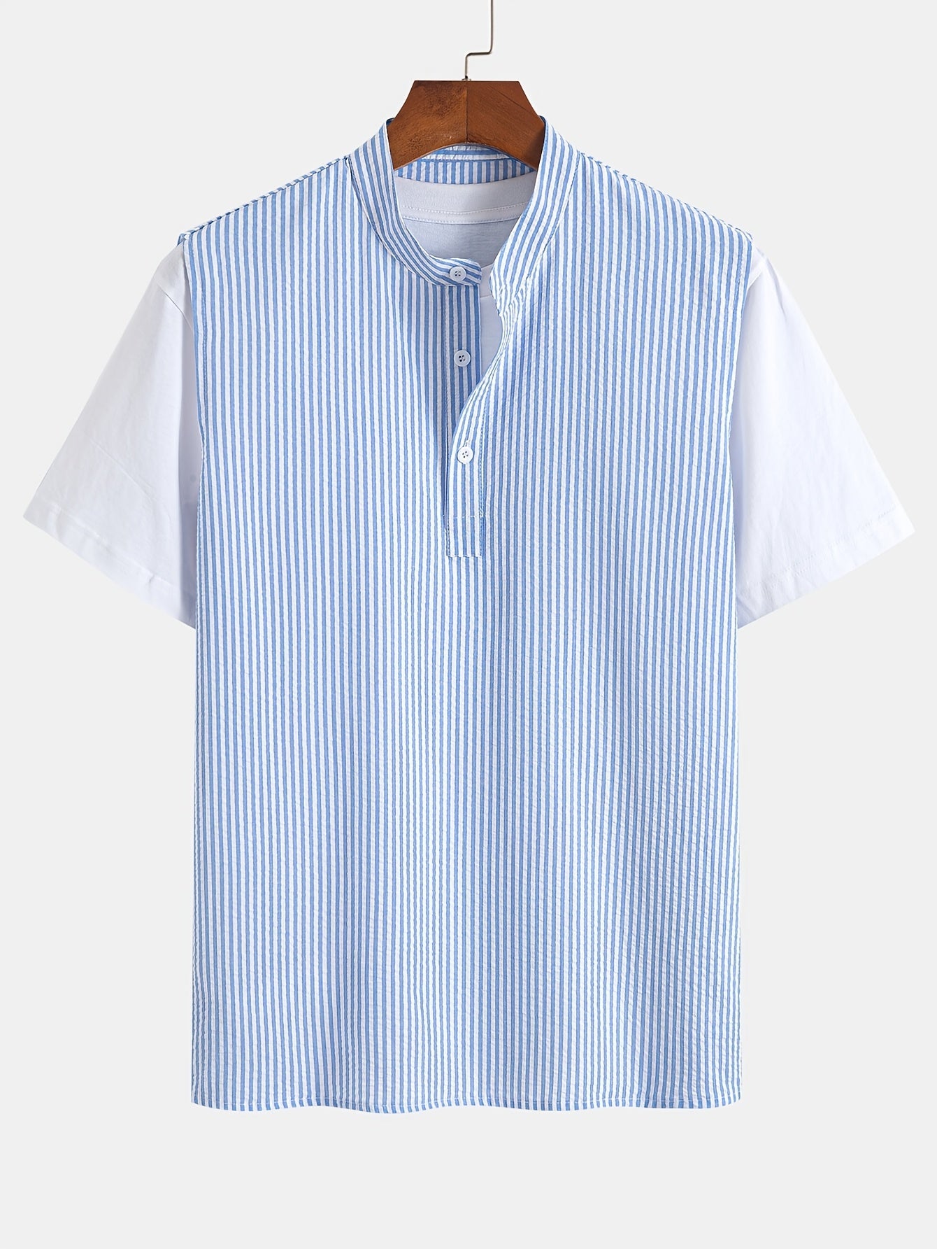 Men's Modern Short-Sleeve Henley with Stand-Up Collar – Striped Casual Shirt for Summer and Everyday Wear