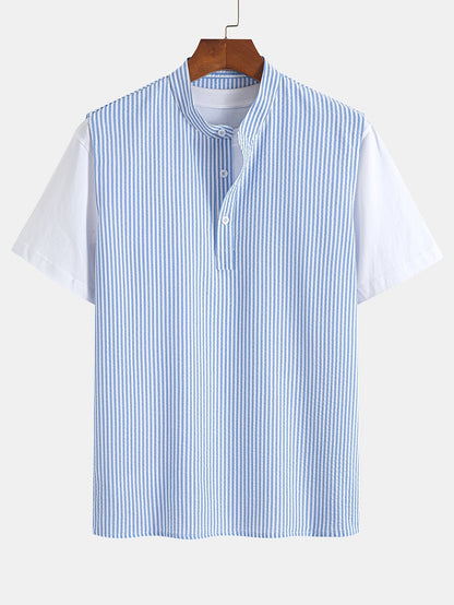 Men's Modern Short-Sleeve Henley with Stand-Up Collar – Striped Casual Shirt for Summer and Everyday Wear
