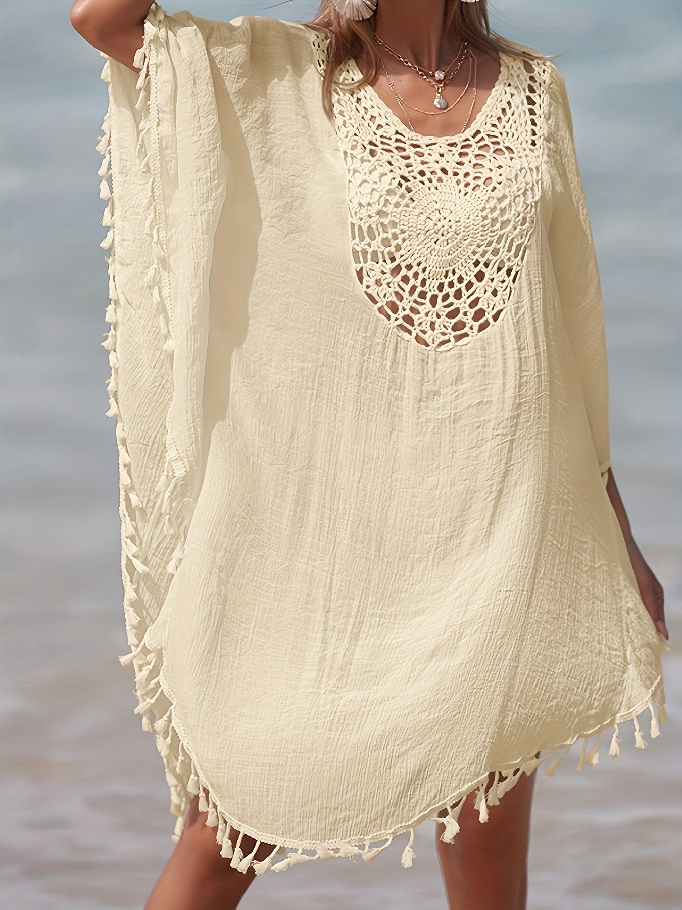 Women's Boho Beach Poncho Kaftan with Crochet Detail and Tassels – Perfect as a Beach Cover-Up
