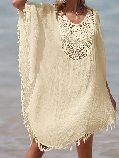 Women's Boho Beach Poncho Kaftan with Crochet Detail and Tassels – Perfect as a Beach Cover-Up