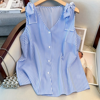 Women's blouse top with stripe pattern and button placket – Elegant V-neck, ideal for office and everyday wear