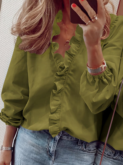 Women's blouse with ruffles and V-neck – Elegant casual style for everyday and office wear