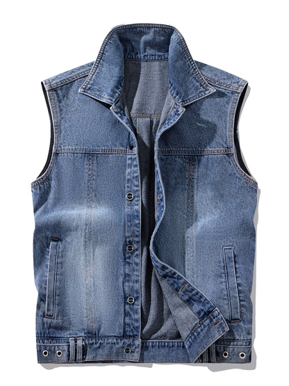 Men's Casual Style Denim Vest for Spring and Autumn – Sleeveless Vest with Button Front and Notched Collar