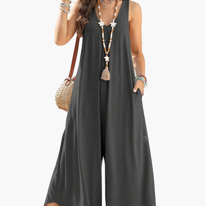 Women's Loose Jumpsuit with V-Neck and Pockets – Elegant Summer Romper for Leisure and Vacation