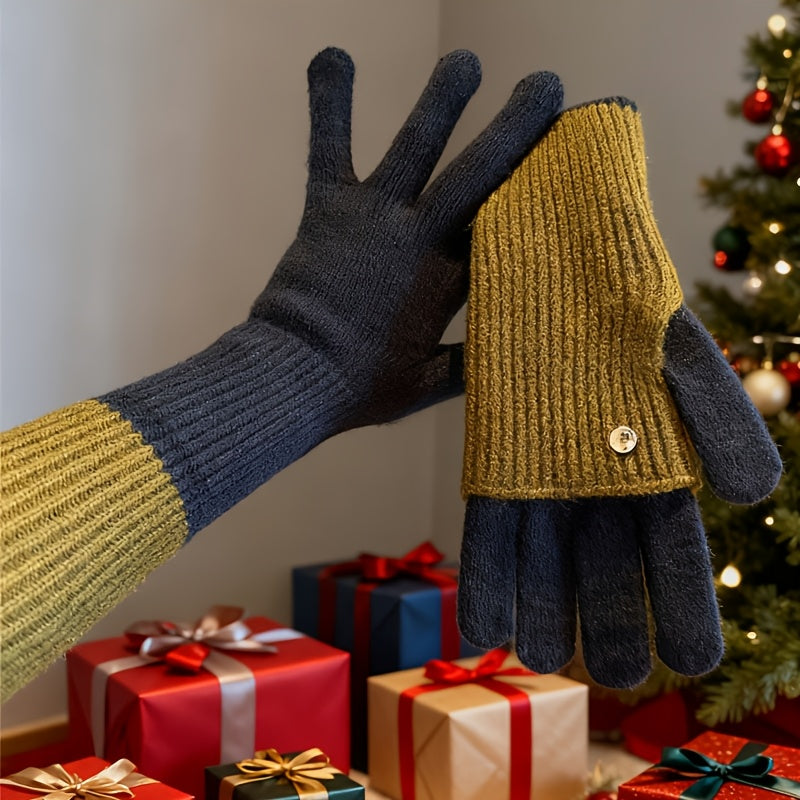 Two-tone knitted gloves with detachable mittens