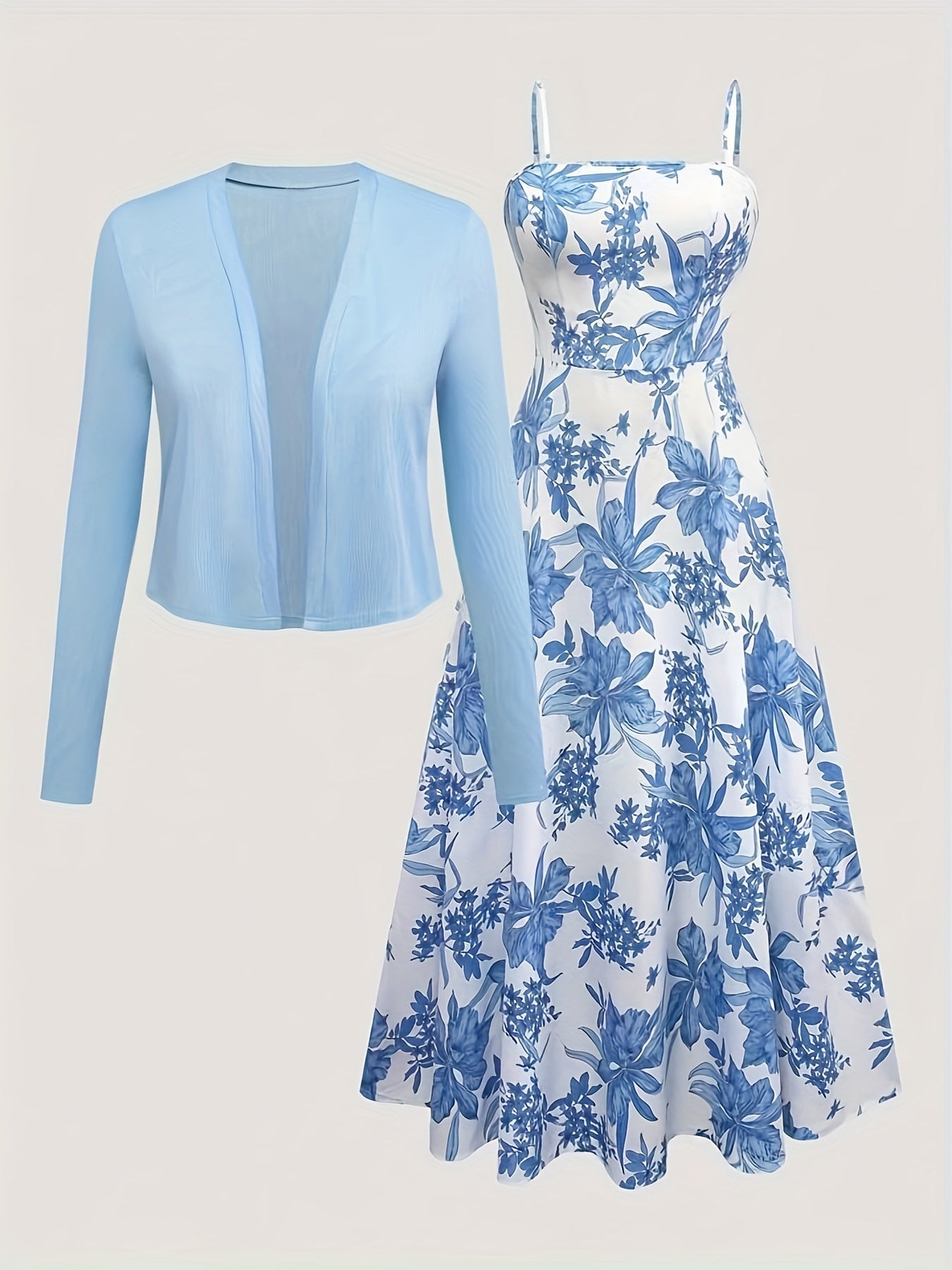 Women's Midi Dress with Floral Pattern and Cardigan Set – Elegant Casual Look for Spring and Summer