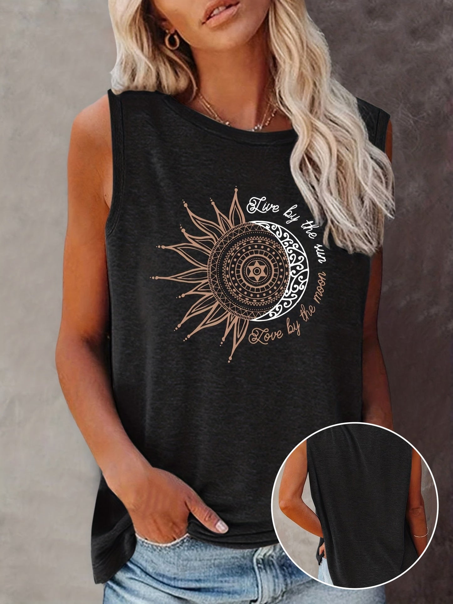 Women's Boho-Style Tank Top with Sun and Moon Print – Summer Casual Shirt