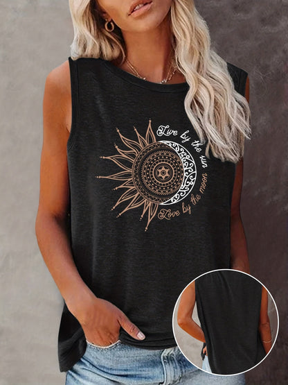 Women's Boho-Style Tank Top with Sun and Moon Print – Summer Casual Shirt