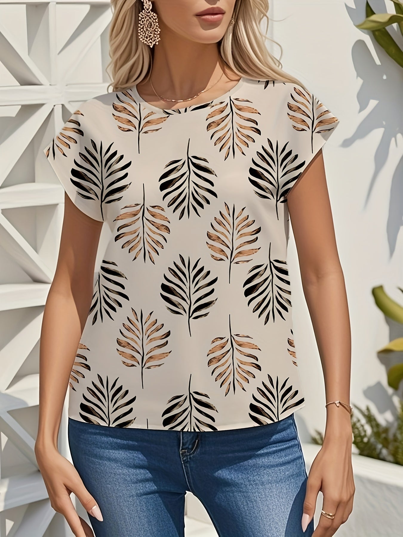 Women's Elegant Summer Blouse with Leaf Print – Short Sleeve, Casual & Outdoor Style