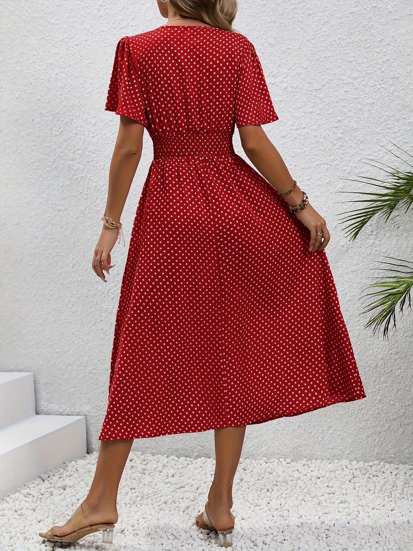 Women's Summer Polka Dot Maxi Dress with Short Sleeves and V-Neck – Casual & Vacation