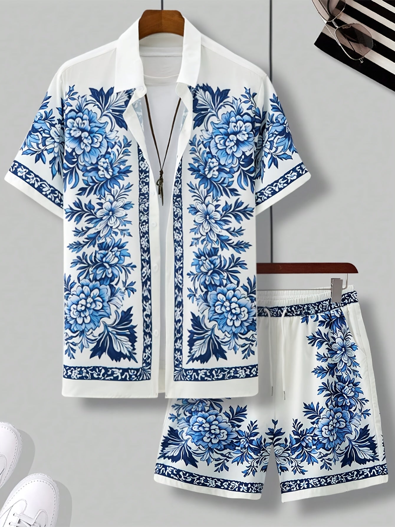 Men's Summer Casual Set with Short-Sleeve Shirt and Shorts – Floral Pattern, Ideal for Vacation & Beach