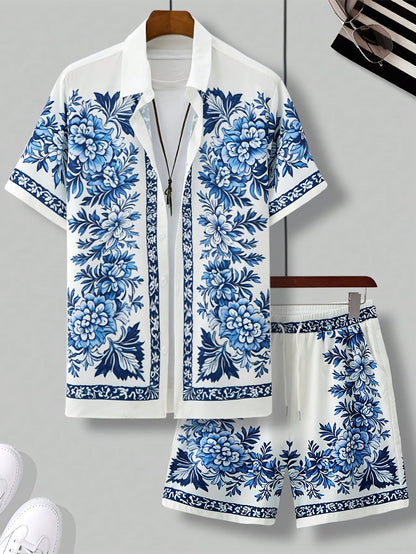 Men's Summer Casual Set with Short-Sleeve Shirt and Shorts – Floral Pattern, Ideal for Vacation & Beach