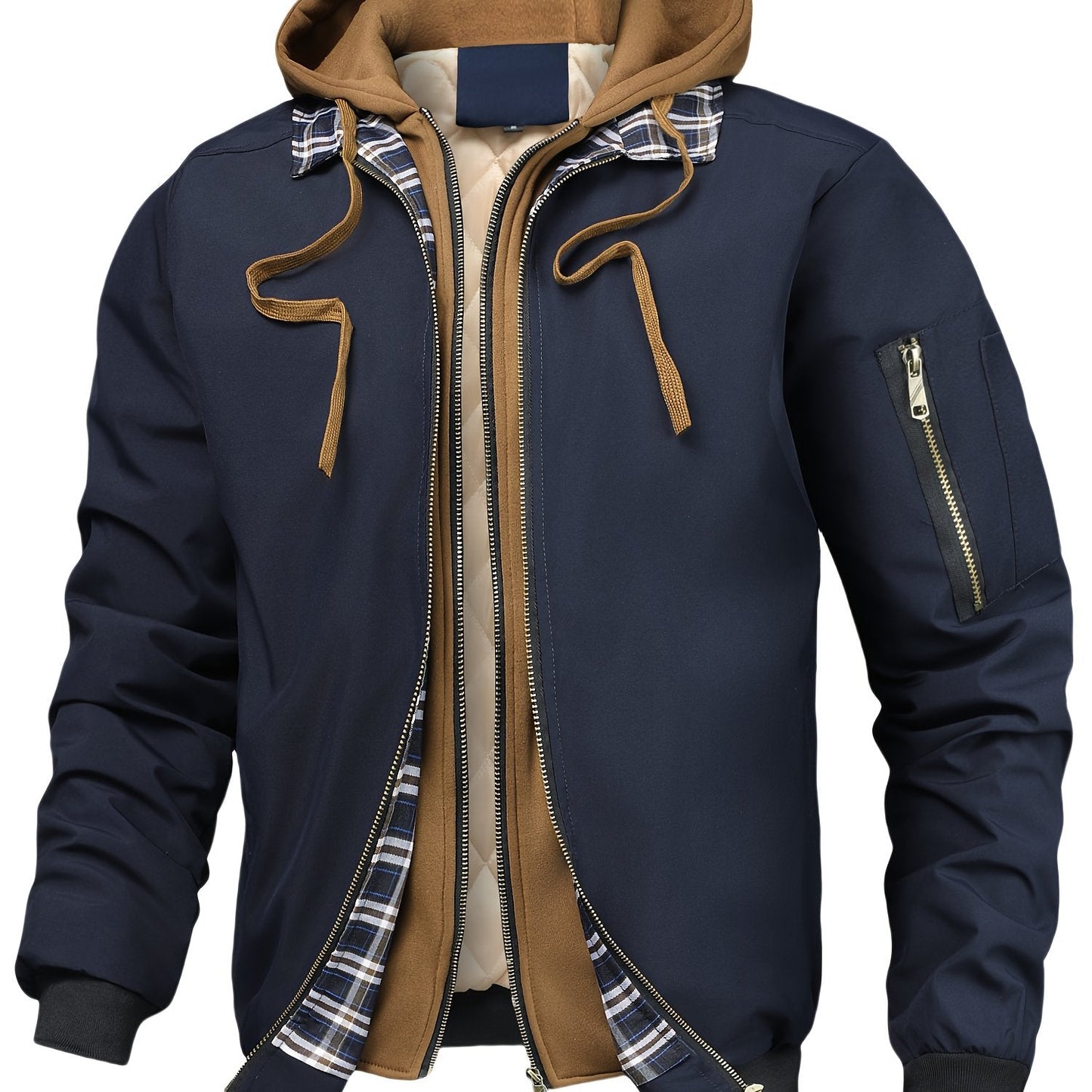 Herren Bomberjacke mit Kapuze Steppfutter Kariert Beige