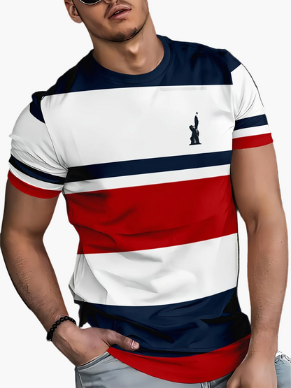 Men's Casual T-Shirt with Block Stripes and University Logo – Perfect for Everyday and Leisure