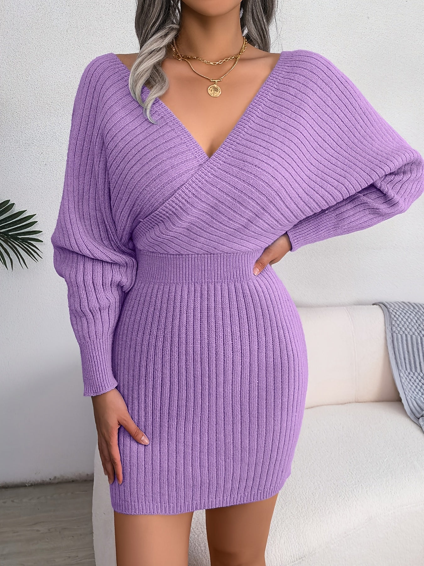 Women's rib-knit sweater dress, V-neck, long sleeves