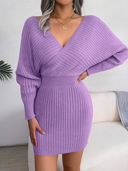 Women's rib-knit sweater dress, V-neck, long sleeves
