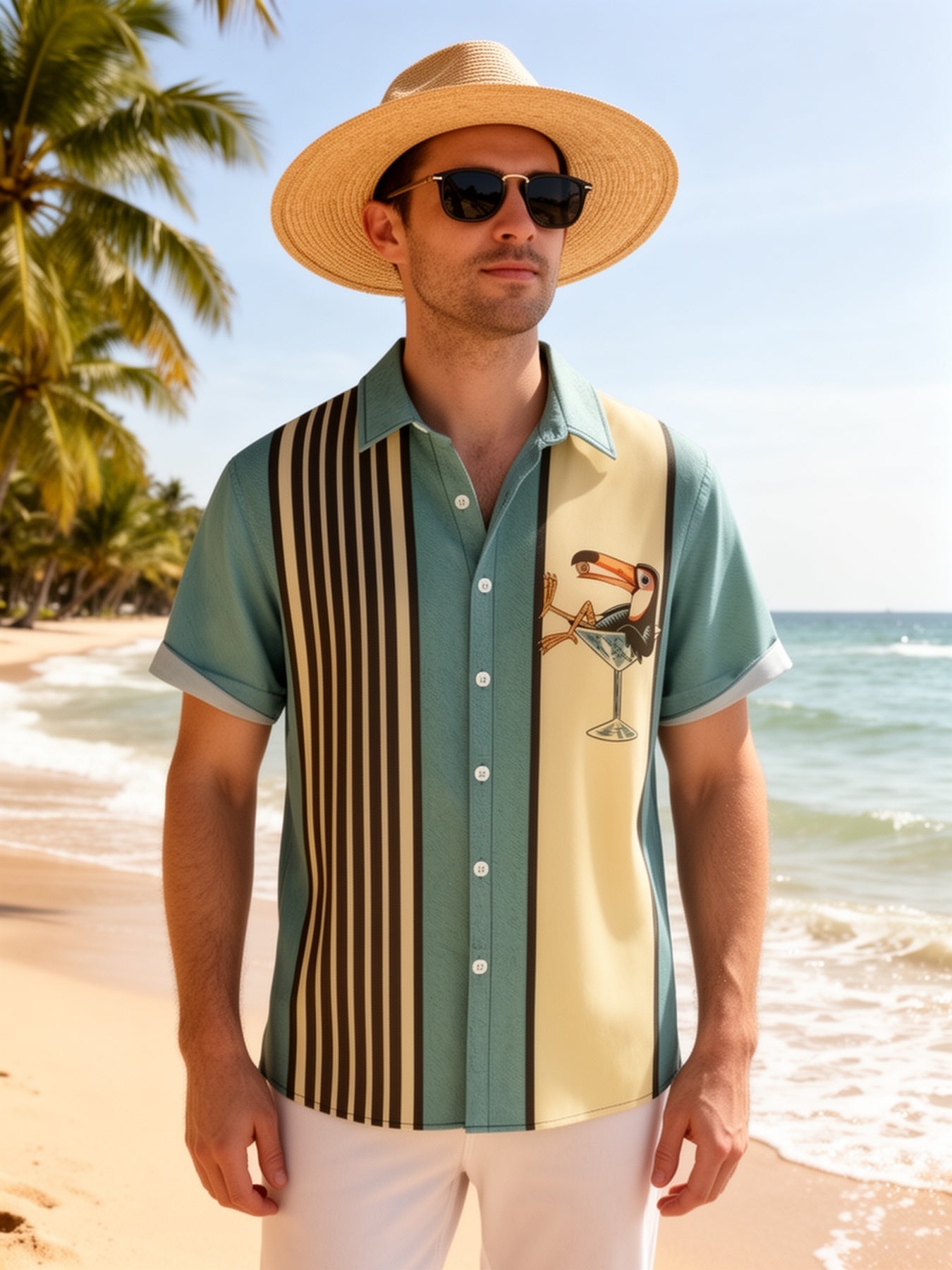 Men's Summer Beach Shirt in Retro Style with Tropical Print, Ideal for Leisure and Vacation