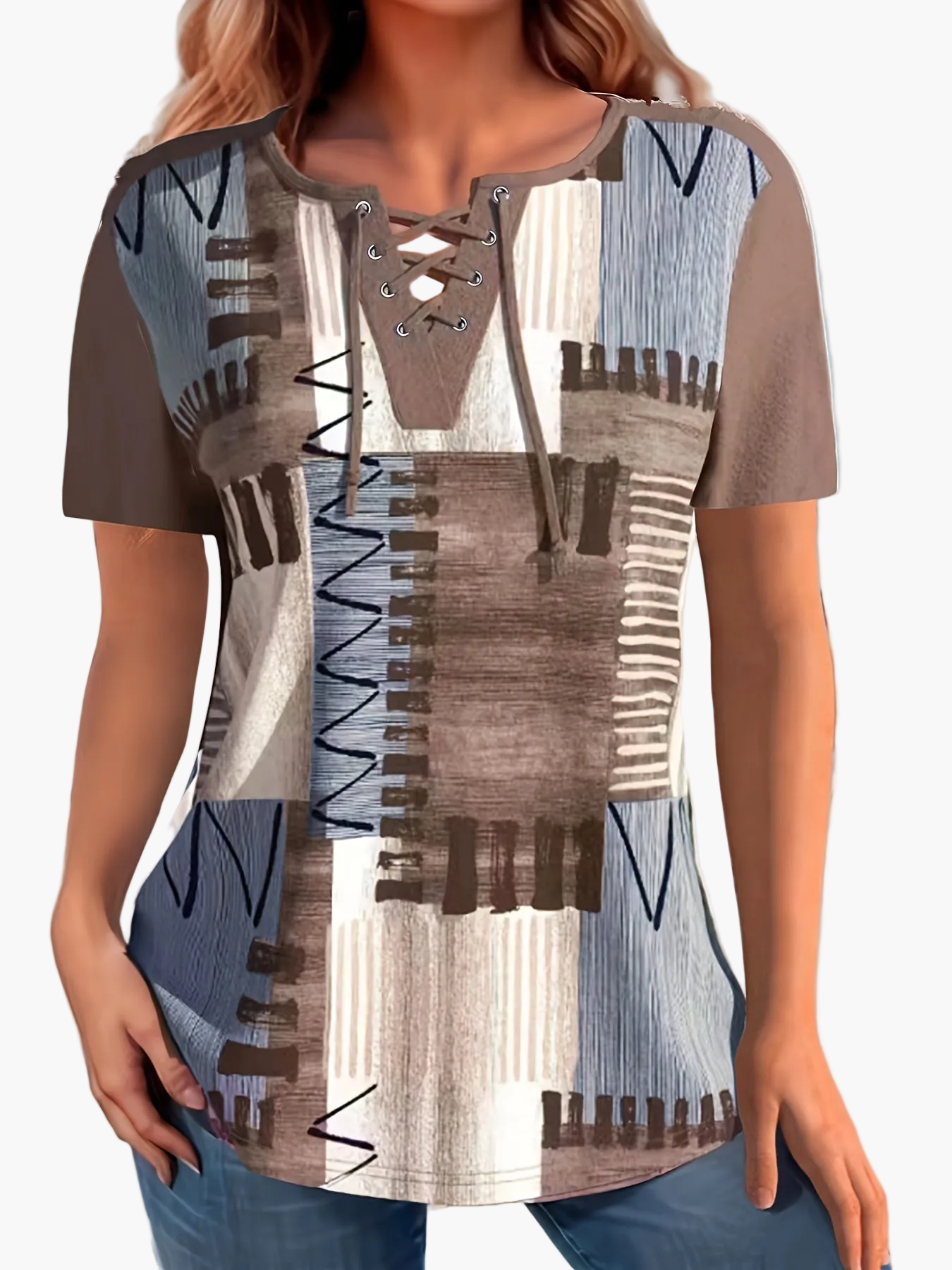 Women's Casual T-Shirt with Lacing and Geometric Pattern – Summer Leisure Top