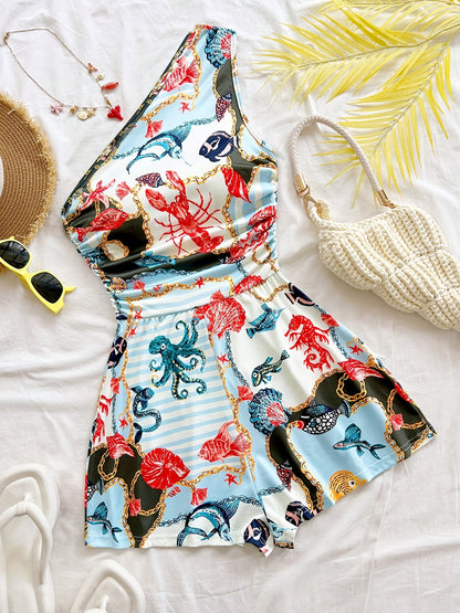 Women's One-Shoulder Jumpsuit with Tropical Print – Summer Fashion for Vacation & Leisure