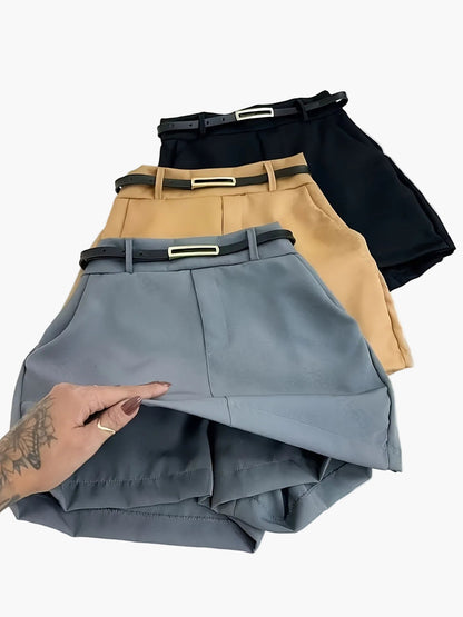 Women's Elegant High-Waist Skort with Belt and Overlay – Fashionable Culottes for Office and Leisure