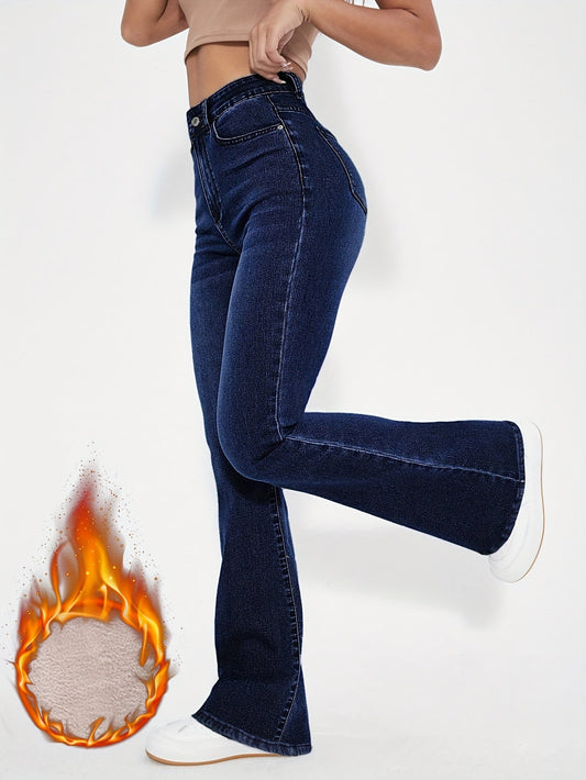 Damen Schlagjeans Dunkelblau mit Hoher Taille und Weitem Bein