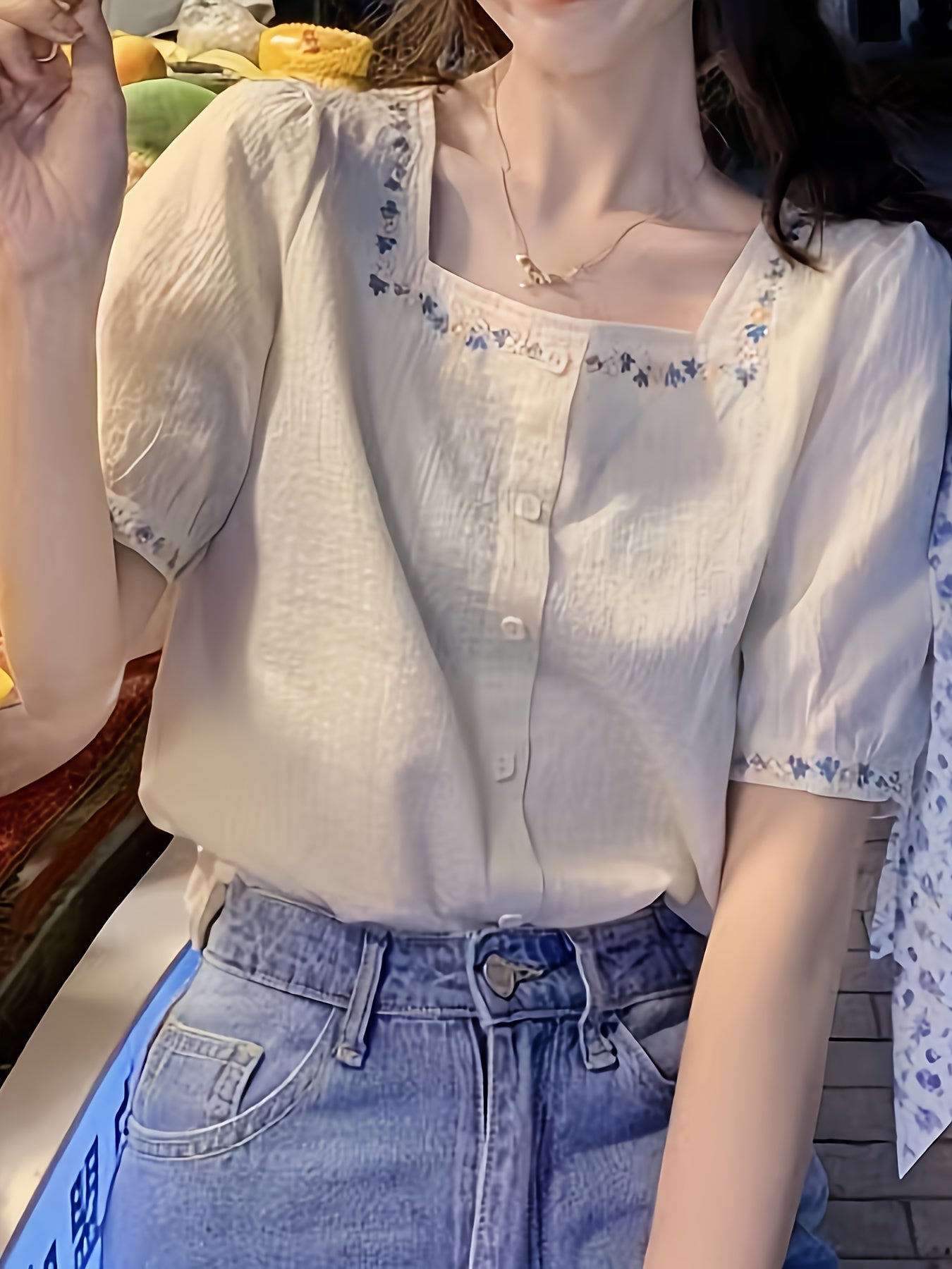 Women's Blouse with Embroidery and Square Neckline – Elegant Spring and Summer Style