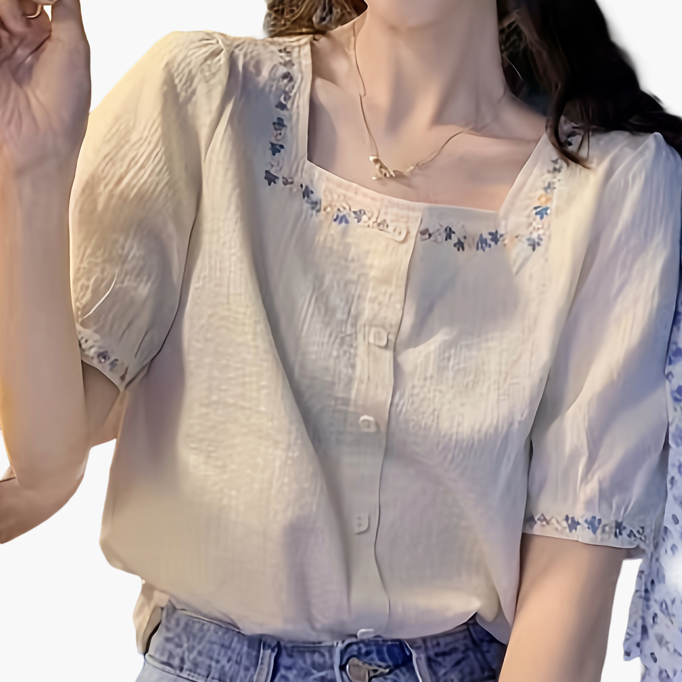 Women's Blouse with Embroidery and Square Neckline – Elegant Spring and Summer Style