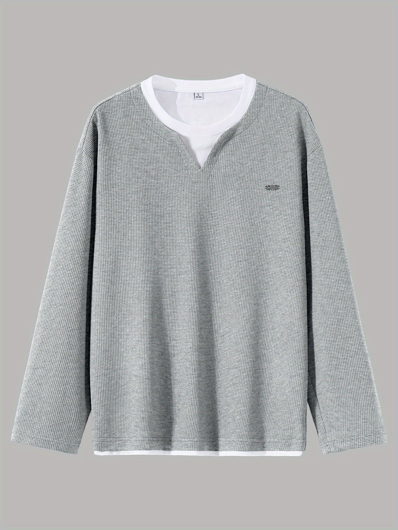 Men's Long-Sleeve Sweater, Waffle Texture, V-Neck, Two-Layer Look, Gray/Black