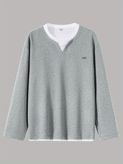 Men's Long-Sleeve Sweater, Waffle Texture, V-Neck, Two-Layer Look, Gray/Black