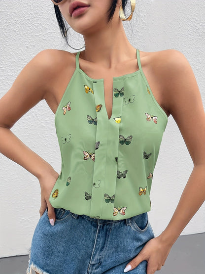 Women's top with butterfly print and spaghetti straps – Elegant summer blouse for leisure and everyday wear