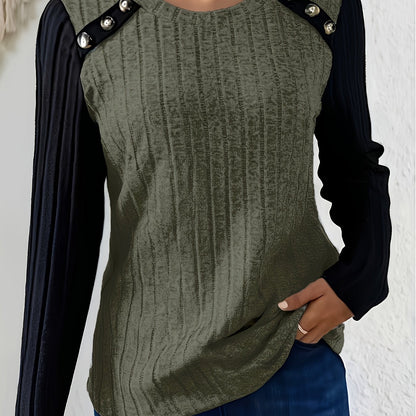 Damen Langarmshirt Gerippt mit Knopfleiste Kontrastärmel Schwarz