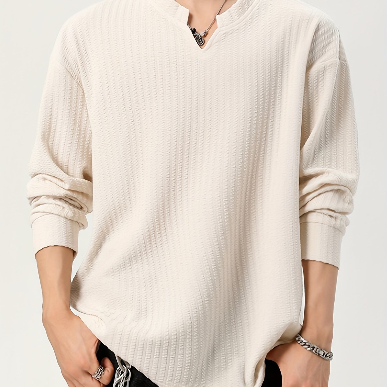 Men's long-sleeve shirt, Henley neckline, textured, light beige