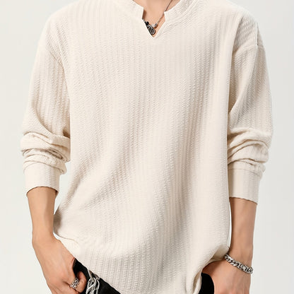 Men's long-sleeve shirt, Henley neckline, textured, light beige
