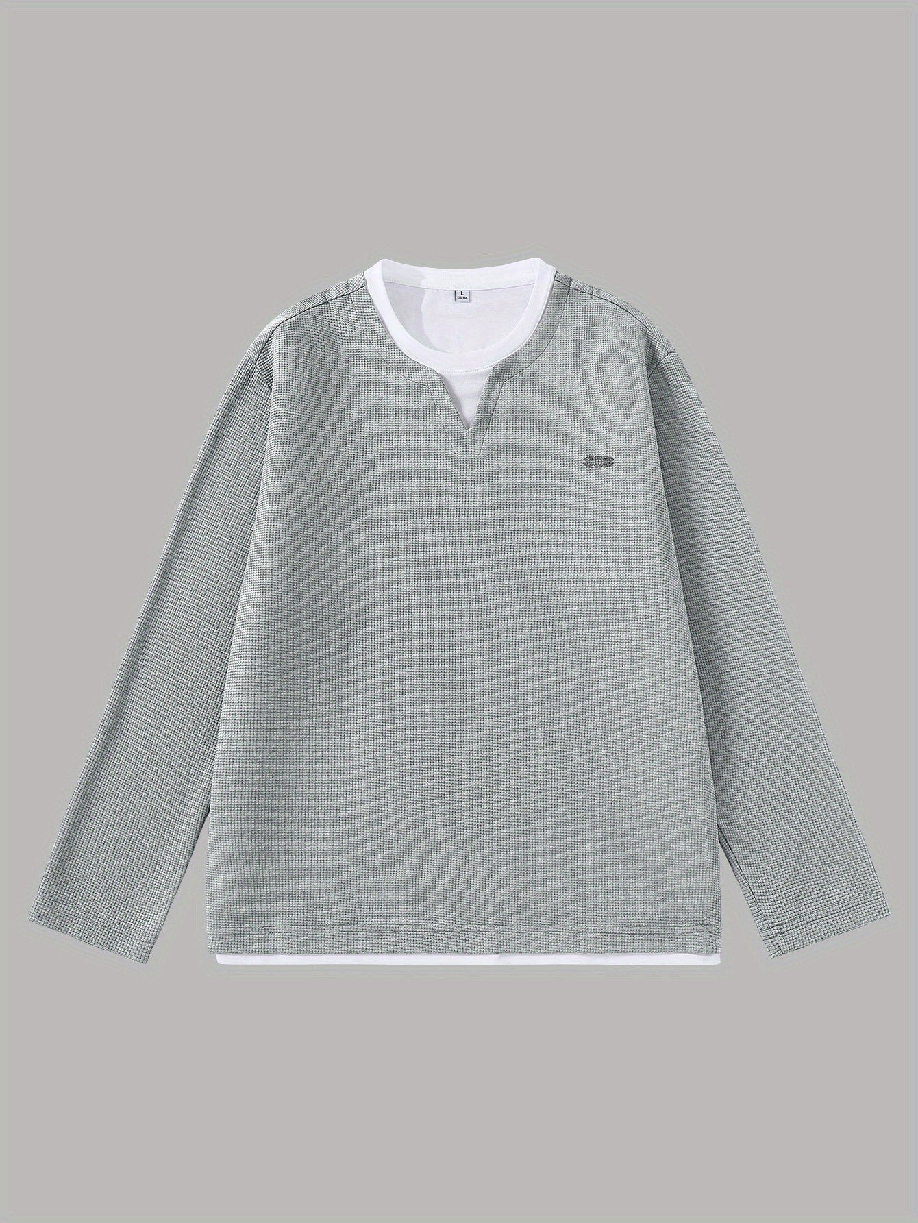 Men's Long-Sleeve Sweater, Waffle Texture, V-Neck, Two-Layer Look, Gray/Black