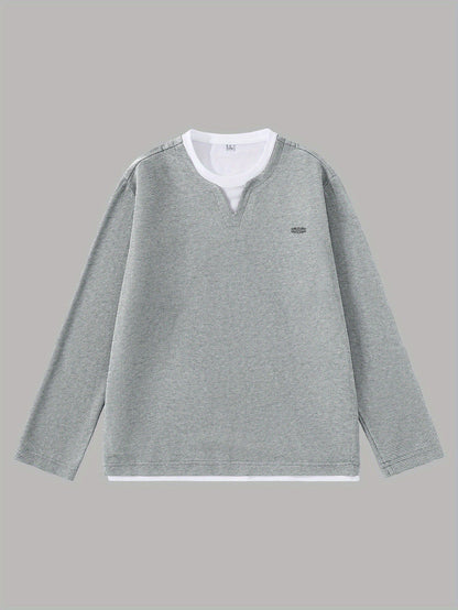 Men's Long-Sleeve Sweater, Waffle Texture, V-Neck, Two-Layer Look, Gray/Black
