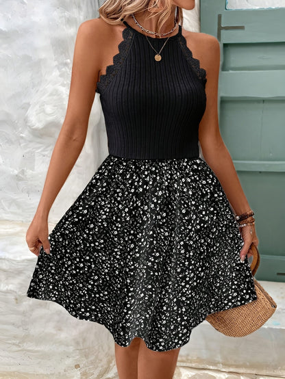 Damen Sommerkleid mit Häkelspitze und Blumenmuster – Elegantes Freizeitkleid im Boho-Stil