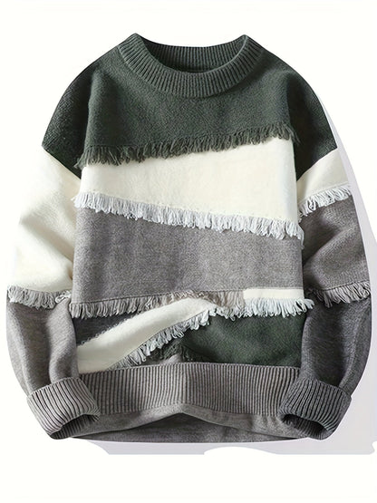 Unisex long-sleeve pullover with color-block design, fringe, and crew neck