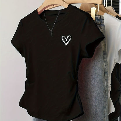 Women's T-shirt with Heart Print – Fashionable Summer Top, Fitted, Short Sleeve, Casual & Leisure Look