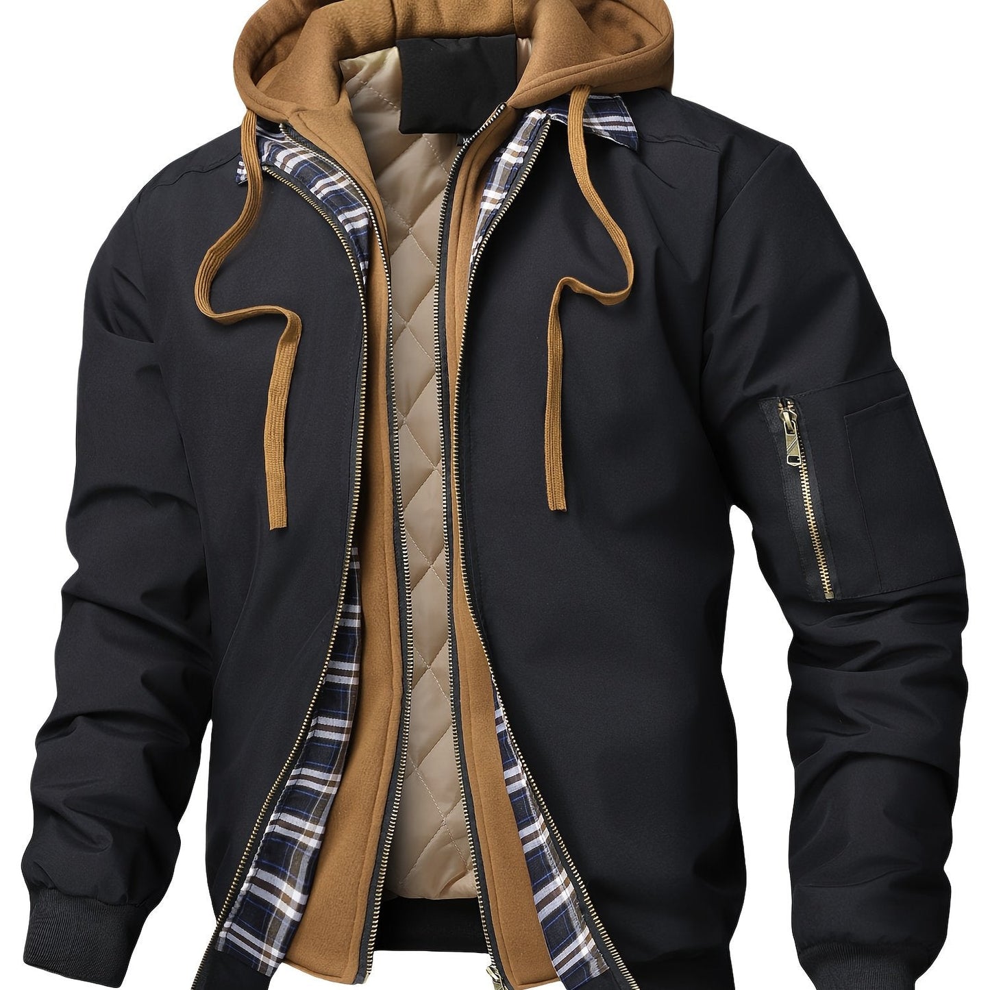 Herren Bomberjacke mit Kapuze Steppfutter Kariert Beige