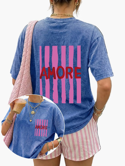Women's Oversize Casual T-Shirt with 'AMORE' Print and Stripes – Summer Streetwear