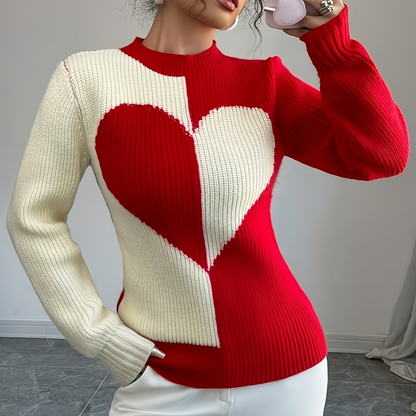 Women’s knitted pullover with heart pattern, crew neck, ribbed knit, long sleeves
