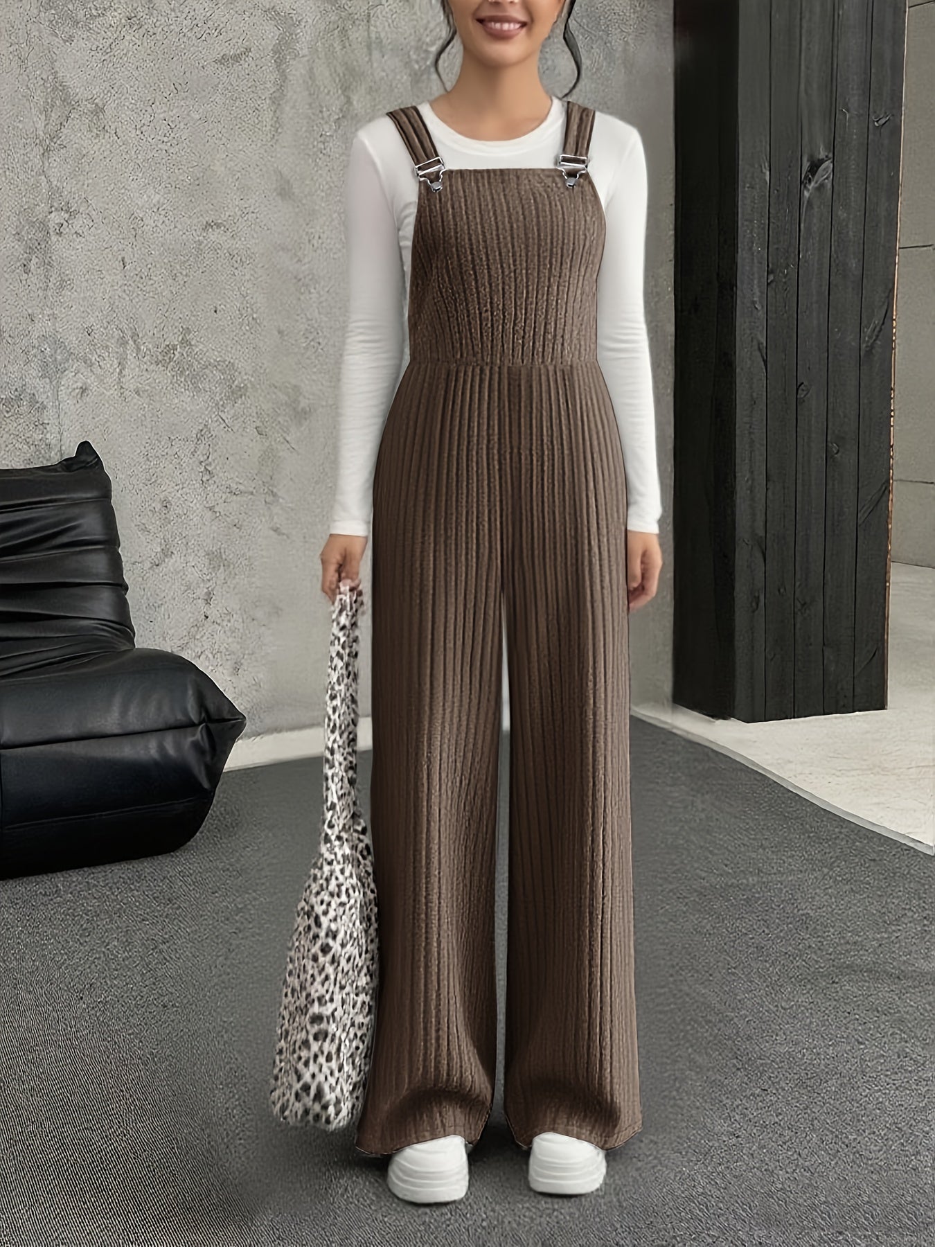 Ribbed women’s jumpsuit with wide legs, gray