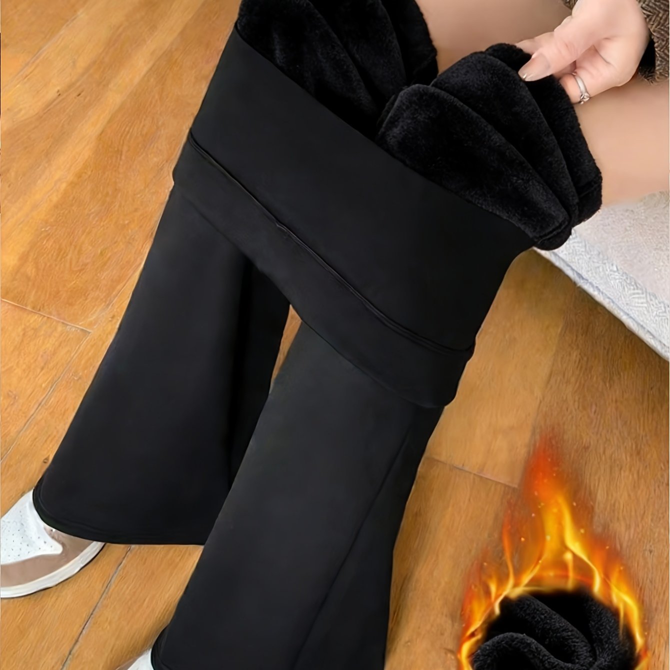 Damen Schlaghose mit Thermo-Futter – Warme Leggings mit weichem Plüsch innen, Schwarz