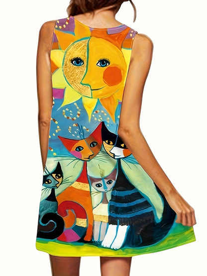 Women's vintage casual dress with artistic cat and sun motif, sleeveless, loose fit