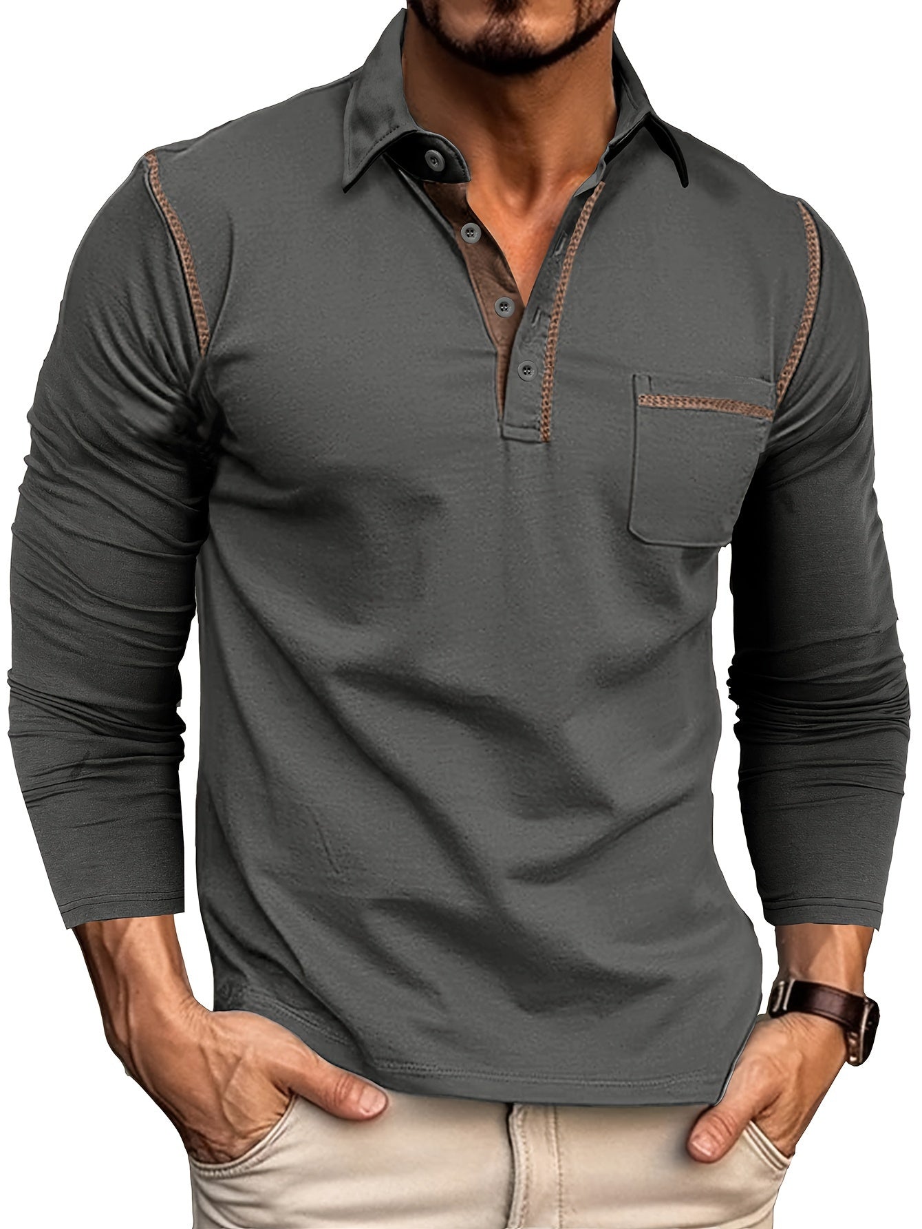 Men's long-sleeve polo shirt with chest pocket and contrast stitching