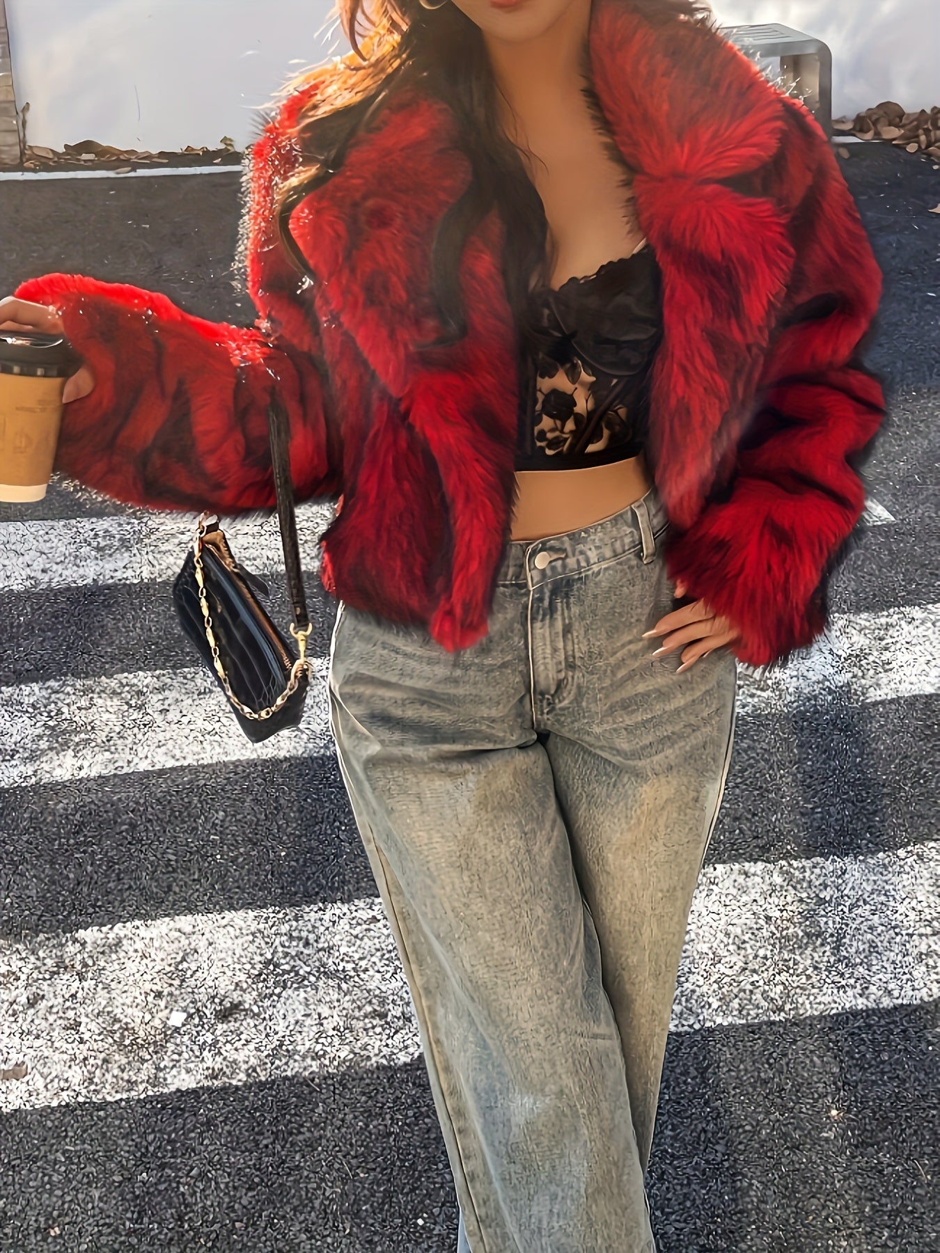 Short faux fur jacket, red and black patterned, with a wide collar