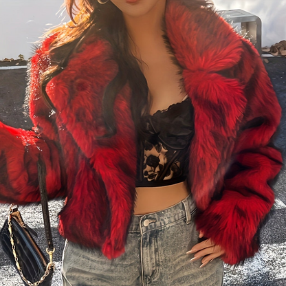 Short faux fur jacket, red and black patterned, with a wide collar