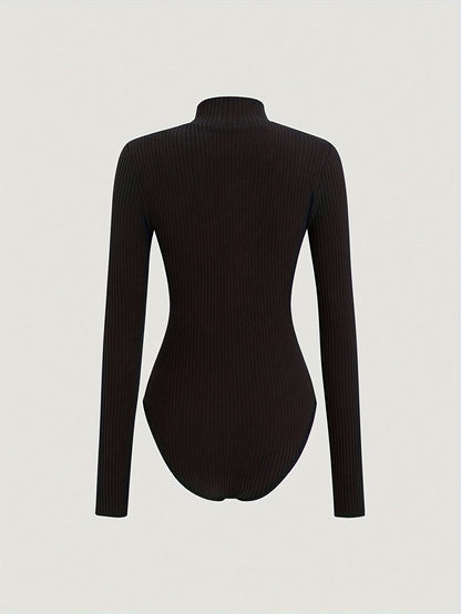 Damen Gerippter Stehkragen Bodysuit Langarm Reißverschluss Strick